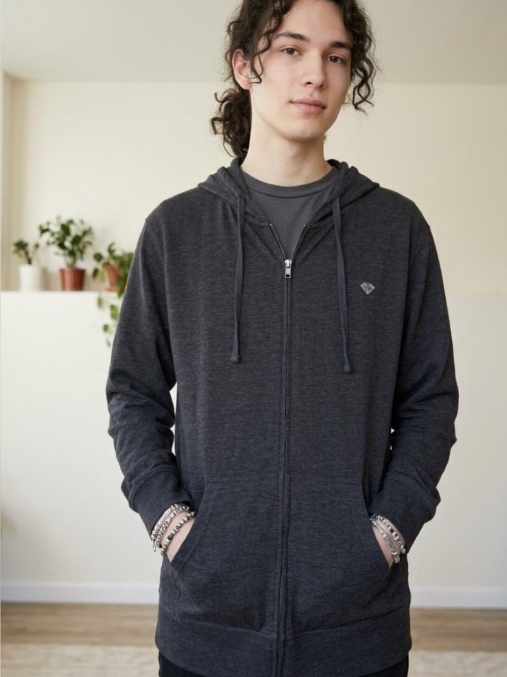 Diamond Supply Co. Men's Dark Charcoal Zip Hoodie lightweight